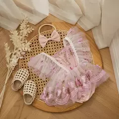 Imagem do Vestido de princesa Chiffon para bebês, macacão, guarnição de renda, borboleta, roupas infantis, manga voadora, saia de tule, bodysuits bainha, bandana
