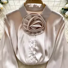 Elegante cetim tridimensional flor manga longa lapela blusa chique vintage moda colheita topo feminino camisas de outono roupas - loja online