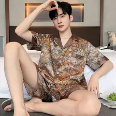 Conjuntos de pijama masculino de cetim de seda manga comprida, pijamas masculinos, camisola estampada, Casa, Soft Cozy Sleepwear Calças, Novo
