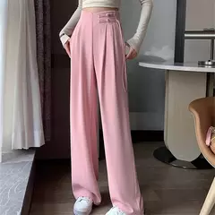 Calça cheia de pernas largas feminina, cintura alta, terno de botões, elegante, minimalismo, reta, calça larga, feminina, primavera, verão, novo, 2022 - Wolf Magazine