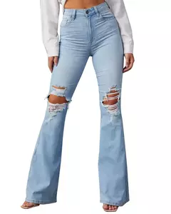 Calça jeans flare feminina, jeans de streetwear, ajuste solto, cintura alta, bolsos, buracos, comprimento do tornozelo, monocromático, mosca com zíper, primavera, 2021 - comprar online