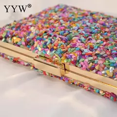 Bolsa acrílica com fecho interligado para menina, bolsa do casamento, pedra multicolorida, corrente de metal, crossbody, ombro, noite, difícil
