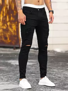 Moda masculina rua rasgado jeans preto puro estiramento apertado pequeno pé lápis calças namorado clube roupas denim ropa hombre - Wolf Magazine