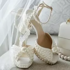 2025 sandálias de boca de peixe de salto grosso frisado 35-41 salto alto plataforma impermeável sapatos femininos casamento