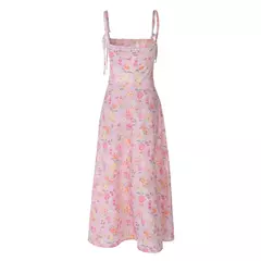Vestido elegante com estampa floral vintage feminino, gola quadrada, sem mangas, fenda espartilho, vestidos de baile, roupas de verão, streetwear