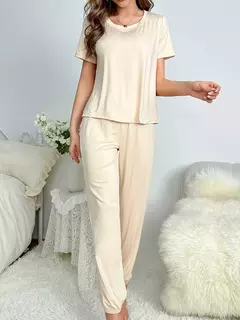 Pijama feminino casual de duas peças, calça manga curta, elegante roupa de casa, cor sólida, novo estilo - loja online
