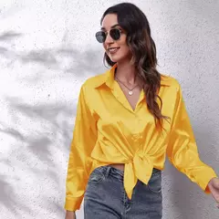 Blusa feminina de cetim manga longa, camisa cetim, tops de seda, vestuário europeu e americano, novo
