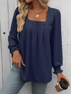 Imagem do Camiseta feminina casual de manga comprida com gola quadrada, mangas folhada, design plissado, tops de pulôver, camisetas na moda