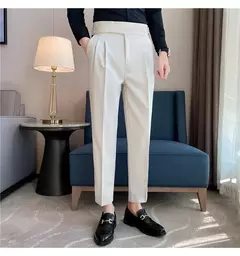 Estilo britânico dos homens de cintura alta vestido casual calça masculina cinto design calças finas formal escritório social vestido de festa de casamento terno calças na internet