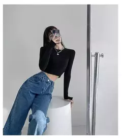 Jeans vintage drapejado de cintura alta feminino, calças de perna reta, jeans drapejado solto