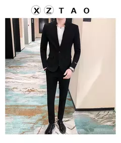 Imagem do New (Blazer+ Pants) Men's Fashion Business Korean Version of Gentleman Zhongshan Stand Collar Casual British Style 2-piece Set