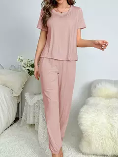 Pijama feminino casual de duas peças, calça manga curta, elegante roupa de casa, cor sólida, novo estilo - loja online