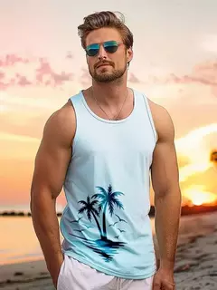 Camisola regata sem mangas estilo havaiano masculina, top casual diário, moda praia ao ar livre, gola redonda, verão, novo, 2022