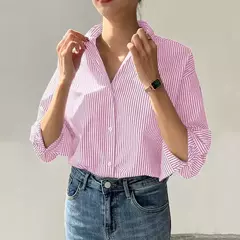 ZANZEA-Blusa feminina listrada de manga comprida, tops de túnica com botões, camisas elegantes, casual e elegante, verão, 2023 - loja online