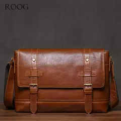 ROOG-Maleta de couro genuíno, bolsa mensageiro de luxo masculina, estilingue de ombro vintage, tiracolo para iPad 12.9 ", alta qualidade