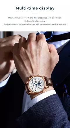 OLEVS-Relógio de pulso mecânico automático masculino, Moon Phase, Calendário, Impermeável, Aço inoxidável, Pulseira de couro, Original na internet