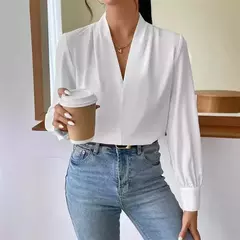 Pulôver de manga comprida com decote V feminino, camisa elegante, estilo britânico, tops urbanos, monocromático, confortável, blusa casual feminina, outono - Wolf Magazine