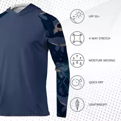 FEIYUE-Camisetas Masculinas com Capuz Azul, Manga Comprida, Secagem Rápida, Respirável, Caminhada, Camisas de Pesca, À Prova de UV, UPF 50 Plus, TOPS
