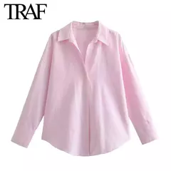 TRAF-Blusa Oxford de Algodão Single-Breasted Feminina, Camisa Manga Longa, Tops Chiques, Lapela, Roupa de Rua, Senhoras, Moda - comprar online
