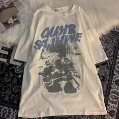 Homens e mulheres com impressão de letras superdimensionada camiseta de manga curta, streetwear hip hop, roupas vintage, camiseta solta