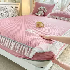 Imagem do Waffle Lace Ice Silk equipado lençol com renda, colchão acolchoado, capa protetora, colcha, esteira de verão