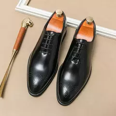 Sapato de vestido de fundo plano marca clássica, sapatos de negócios high-end masculinos, sapatos casuais diários de deslocamento masculino, marrom - Wolf Magazine