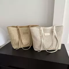 Sacola tecida estilo minimalista para mulheres, grande capacidade, bolsa de praia casual, tecido grama, bolsa de ombro, verão, 1 pc