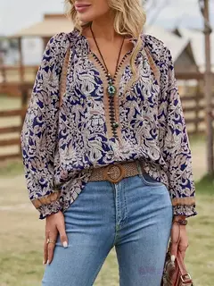 Blusa de manga comprida boêmia feminina, túnica primavera e outono - Wolf Magazine