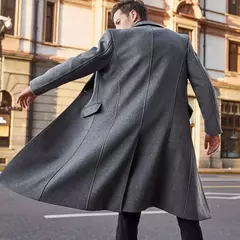 Casaco de lã de comprimento médio masculino, sobretudo masculino, manga longa, botões, gola de lapela, monocromático, outono, inverno - comprar online