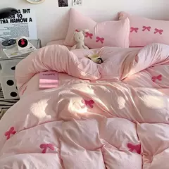 Cute Pink Bows Embroidery Duvet Cover Set, Conjuntos de cama 3D Confortável Rainha Consolador, capas macias para meninas, crianças, adolescentes - Wolf Magazine