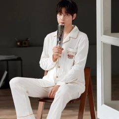 Conjunto de pijama masculino 100% algodão manga comprida solto casual outono/inverno temporada cardigan pijamas - Wolf Magazine