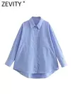 Zevity-Camisa Feminina Solta com Estampa Listrada Branca e Azul, Bolso Duplo, Blusa de Blusa Patch, Tops Chiques, Senhora do Escritório, Moda, LS3468