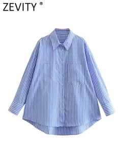 Zevity-Camisa Feminina Solta com Estampa Listrada Branca e Azul, Bolso Duplo, Blusa de Blusa Patch, Tops Chiques, Senhora do Escritório, Moda, LS3468 - Wolf Magazine