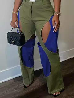 Contraste cor patchwork calças de perna larga, botão de cintura alta, fecho de zíper, oco para fora, calça reta, azul, verde - loja online