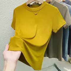 Camiseta de manga curta de gola redonda feminina, blusa casual, camiseta monocromática, plus size, roupas sexy e finas, moda verão - Wolf Magazine