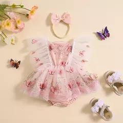 Vestido de princesa Chiffon para bebês, macacão, guarnição de renda, borboleta, roupas infantis, manga voadora, saia de tule, bodysuits bainha, bandana - Wolf Magazine