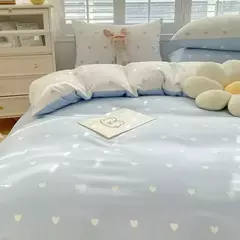 Blue Hearts Love Bedding Set para meninas e meninos, folha plana de tamanho duplo, capa de edredão e fronha, roupa de cama macia, têxteis domésticos, meninos na internet
