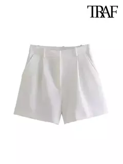 TRAF-Bermudas de cintura alta para mulheres, bolsos laterais, dardos dianteiros, vintage, com zíper, calças curtas femininas, moda