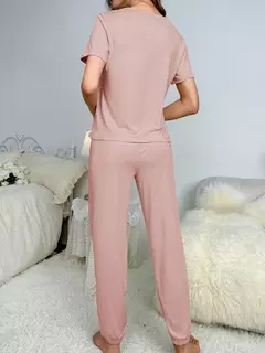 Imagem do Pijama feminino casual de duas peças, calça manga curta, elegante roupa de casa, cor sólida, novo estilo