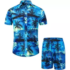 Conjunto de camisa de praia casual de verão para homens, manga curta, estilo havaiano, estampado, shorts, design com cordão, moda, roupas masculinas - loja online