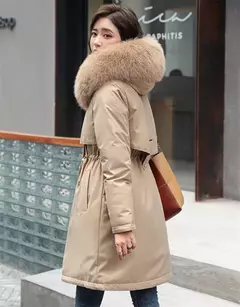 Parka longa e acolchoada feminina com forro de lã, jaqueta com capuz, gola de pele, quente, grossa, neve, roupas grandes, inverno - comprar online