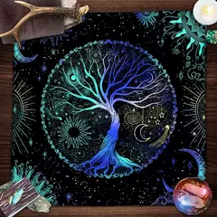 Imagem do Blue Life Tree Tarot Toalha De Mesa, Tarot Cloth, Capa De Leitura, Feitiçaria, Astrologia, Sol, Lua, Céu Estrelado, Altar