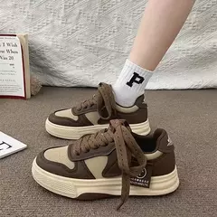 Tênis de fundo grosso feminino, tênis de tabuleiro, calçados esportivos, casual, combinando cores, cáqui, preto, branco, nova moda - Wolf Magazine