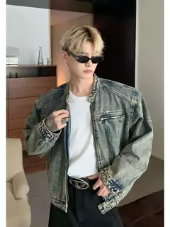 Jaqueta jeans de rua masculina, vintage lavada, jaqueta de caubói angustiada, streetwear casual, primavera, novo, estilo americano, zíperes