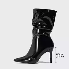 Botas de camurça plissadas para mulheres, salto alto, zíper, meio da panturrilha, passarela, plus size, moda outono - Wolf Magazine
