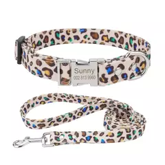 Conjunto de coleira e coleira para cães personalizados, padrão de leopardo personalizado, correias de tecido de poliéster com trela de 120 cm, para cães médios e grandes