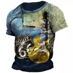 Camiseta clássica de manga curta solta masculina, American Route 66, blusa esportiva casual, roupa de secagem rápida, moda gola-O, retrô, verão