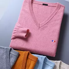 Camisola de cashmere manga comprida masculina com decote em v, pulôveres masculinos padrão, saltadores de tricô, roupas monocromáticas, venda quente