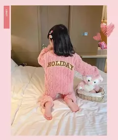 Imagem do Pijama de flanela forrado coral para meninas, pijamas infantis, camisola infantil, quente, aconchegante, roupas de casa, cor sólida, outono, inverno