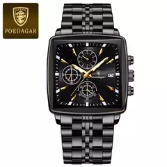 Relógio de pulso esportivo quadrado luxo masculino Poedagar, cronógrafo luminoso impermeável, relógios masculinos de quartzo, relógios de aço inoxidável na internet